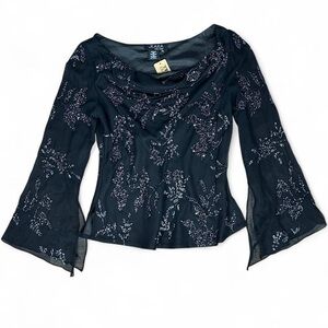 Vintage Cowl Neck Bell Sleeve Beaded Top